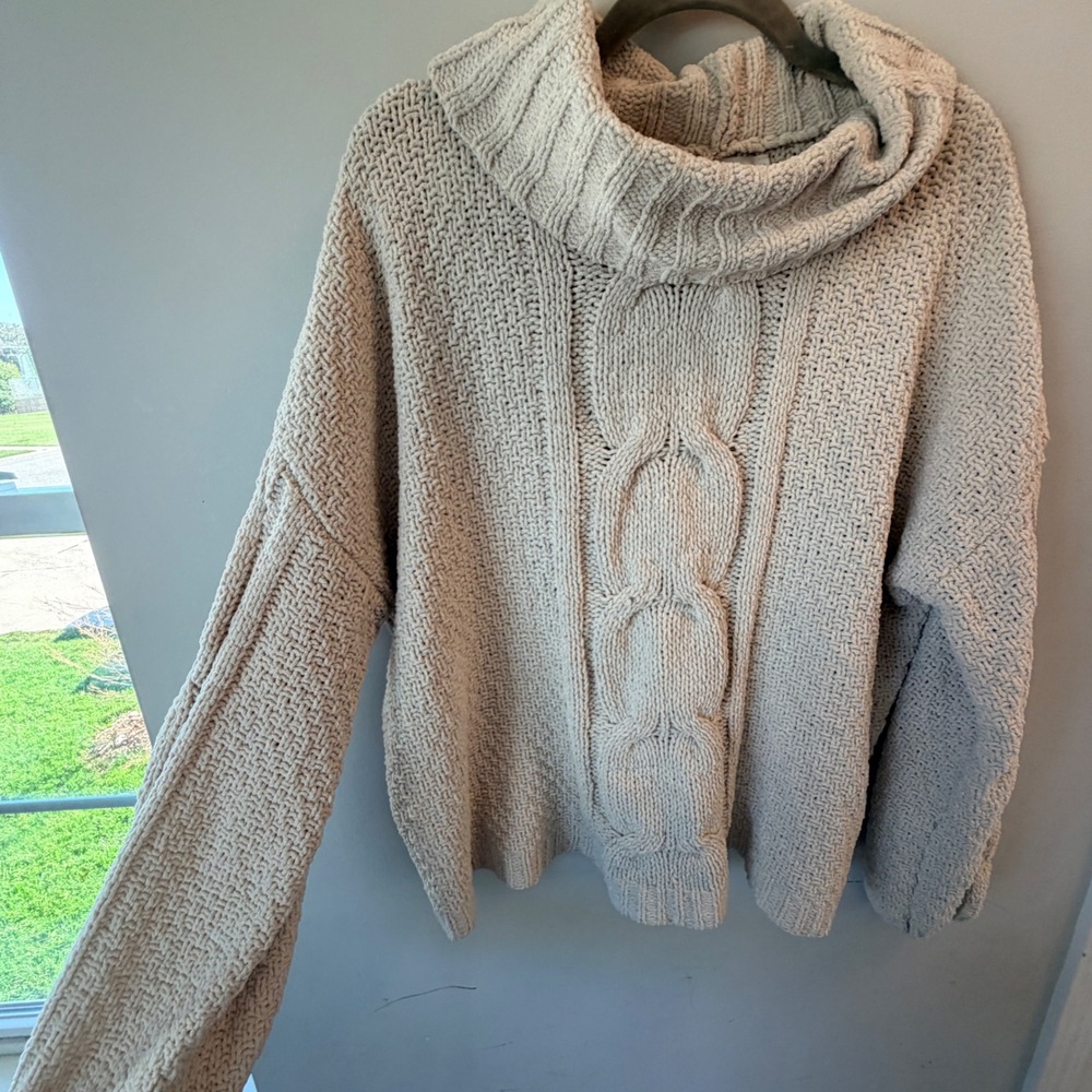 Seven7 Cable Knit Cowl Neck Sweater Womens Large Beige Chenille Soft Minimalist